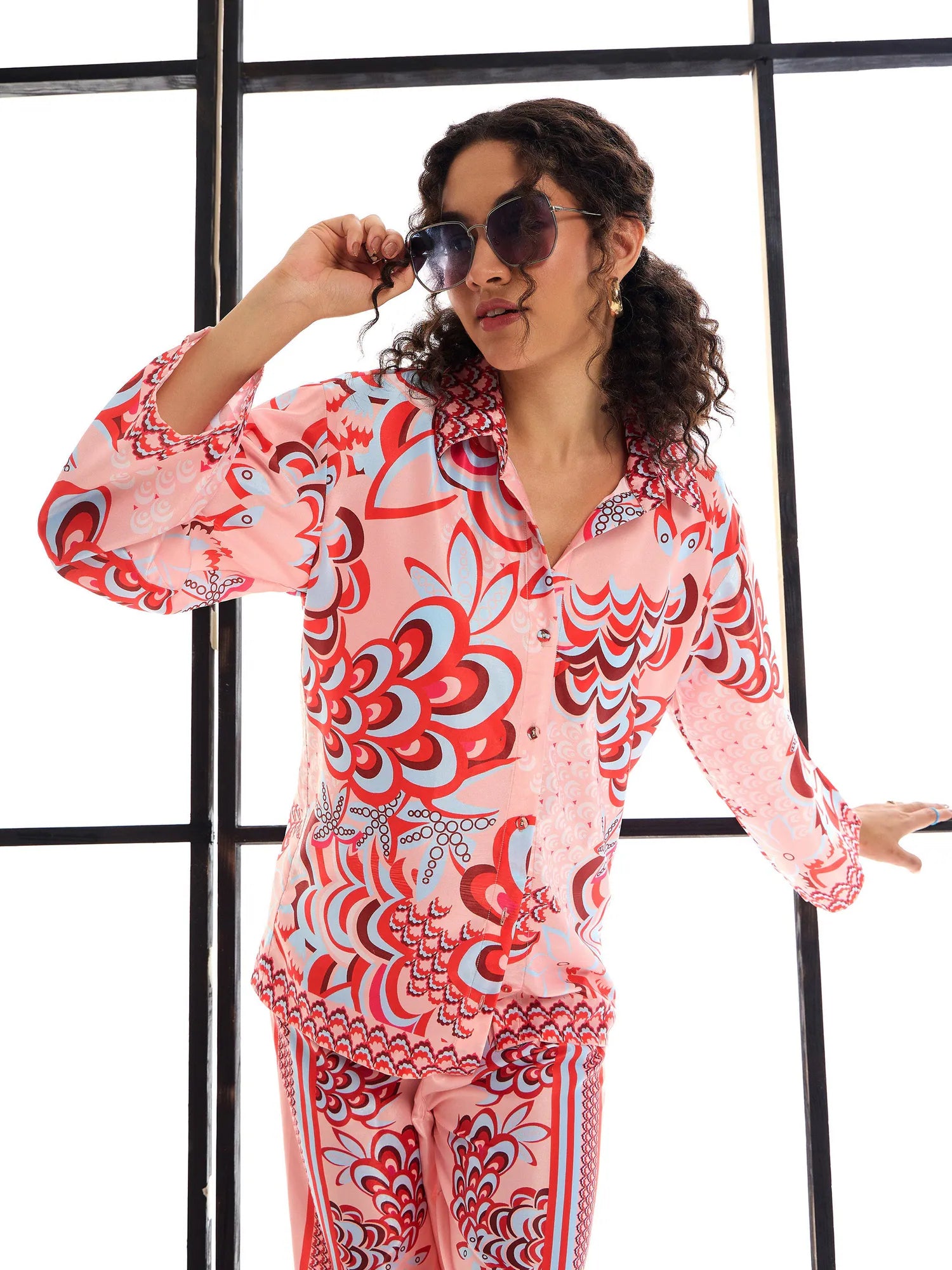 Pink & Red Floral Co ord Sets for Women: Lounge Shirt & Pants