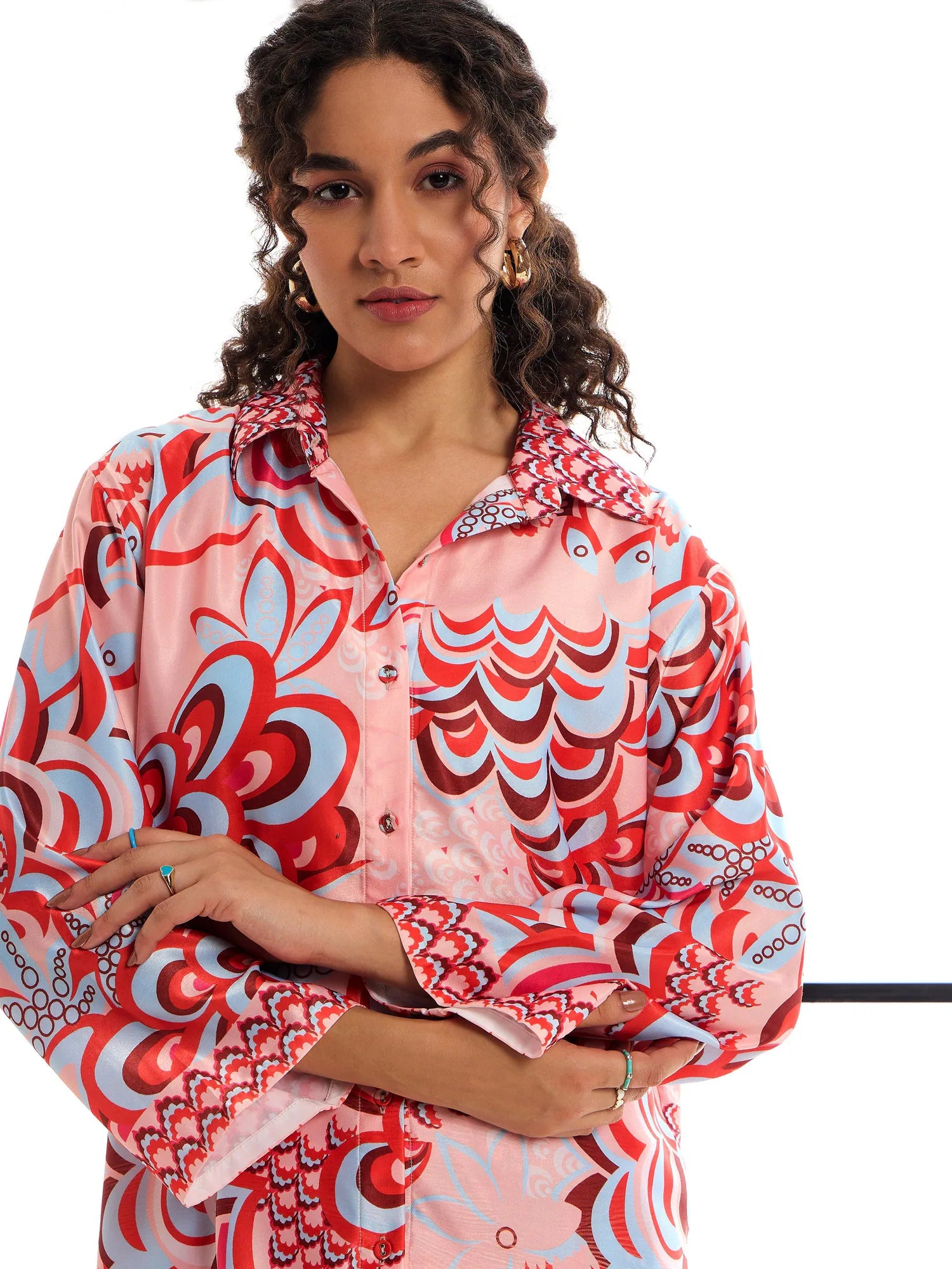 Pink & Red Floral Co ord Sets for Women: Lounge Shirt & Pants
