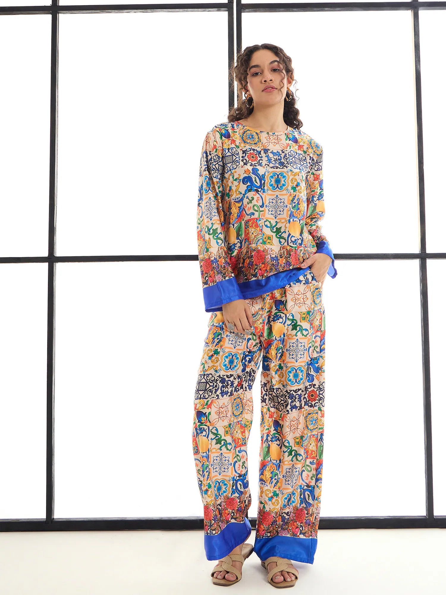 Women's Colorful Lounge Co Ord Sets - Printed Top & Pants Set