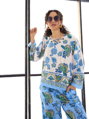 Women White & Blue Floral Top With Pants-SFSETS95990