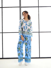 Women White & Blue Floral Top With Pants-SFSETS95990