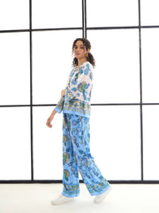 Women White & Blue Floral Top With Pants-SFSETS95990