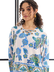 Women White & Blue Floral Top With Pants-SFSETS95990