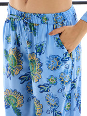 Women White & Blue Floral Top With Pants-SFSETS95990