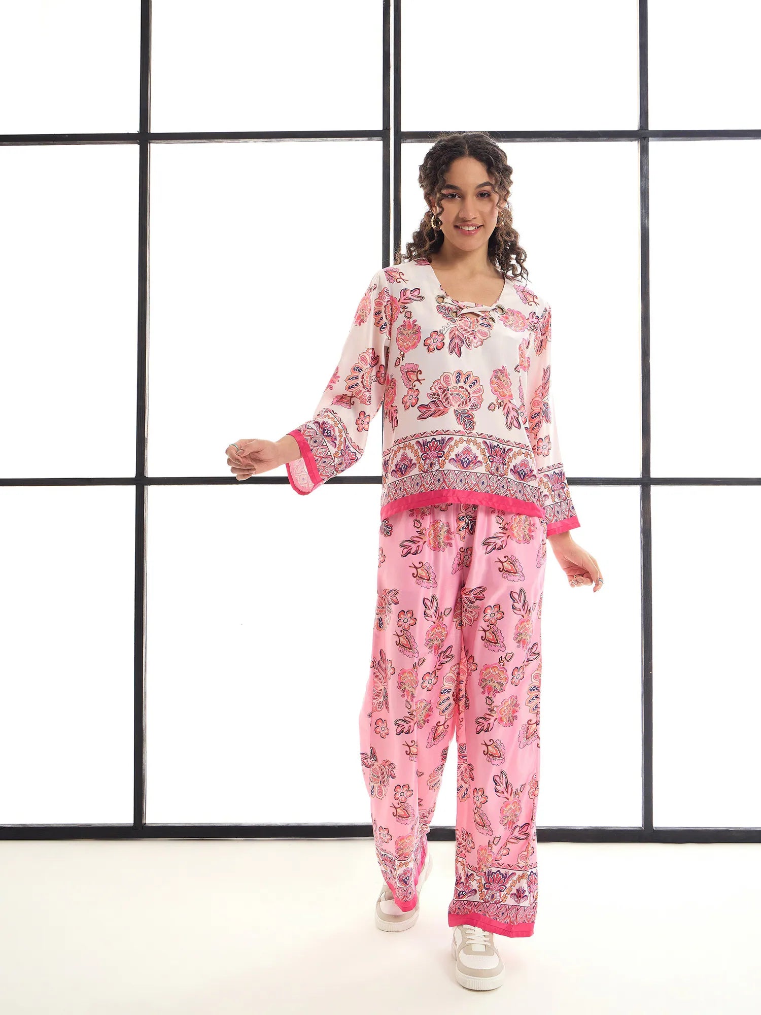 White & Pink Floral Two Piece Sets - Women's Top and Pants