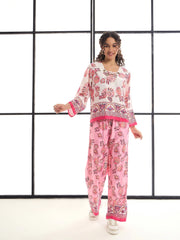 Women White & Pink Floral Top With Pants-SFSETS95991