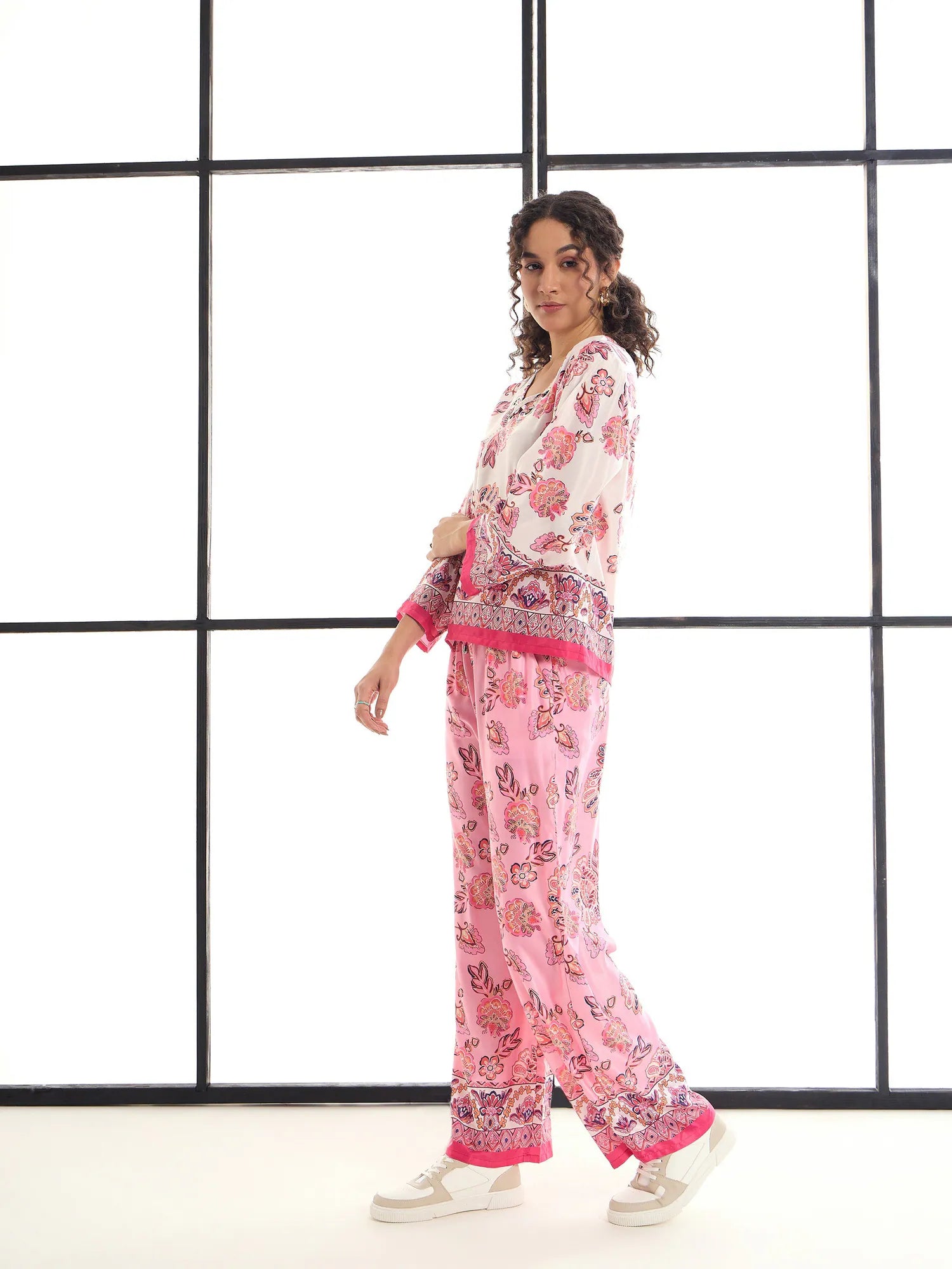 White & Pink Floral Two Piece Sets - Women's Top and Pants