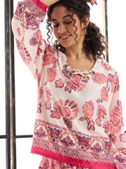 Women White & Pink Floral Top With Pants-SFSETS95991