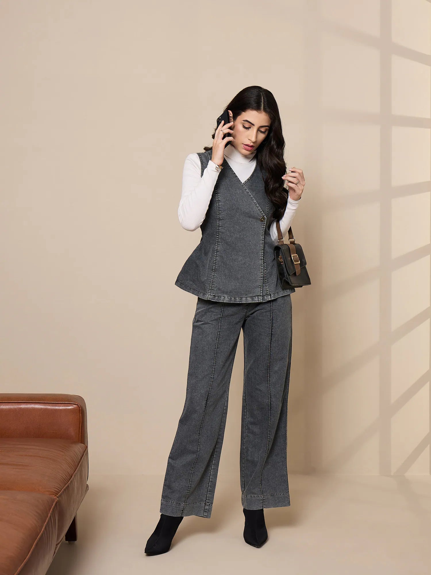 Washed Black Vest Top & Pants Two Piece Sets for Women