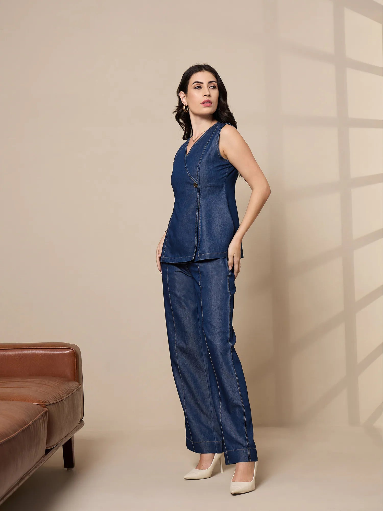 Blue Vest Top and Flared Pants Co Ord Sets for Women