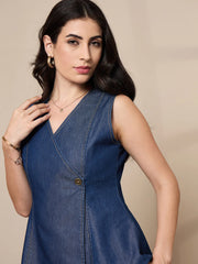 Women Blue Tencel Vest Top With Pants-SFSETS96014
