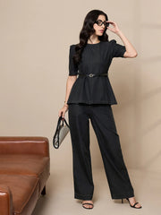 Women Black Tencel Peplum Top With Straight Pants-SFSETS96015