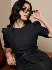 Women Black Tencel Peplum Top With Straight Pants-SFSETS96015