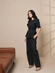 Women Black Tencel Peplum Top With Straight Pants-SFSETS96015