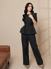 Women Black Tencel Peplum Top With Straight Pants-SFSETS96015