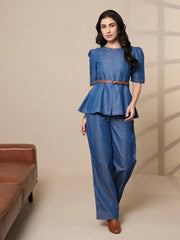 Women Blue Tencel Peplum Top With Straight Pants-SFSETS96016