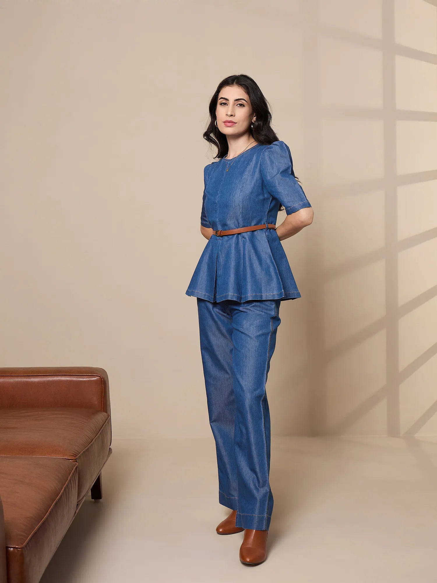 Blue Peplum Top and Flared Pants Co Ord Sets for Women
