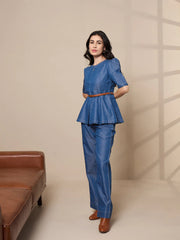 Women Blue Tencel Peplum Top With Straight Pants-SFSETS96016