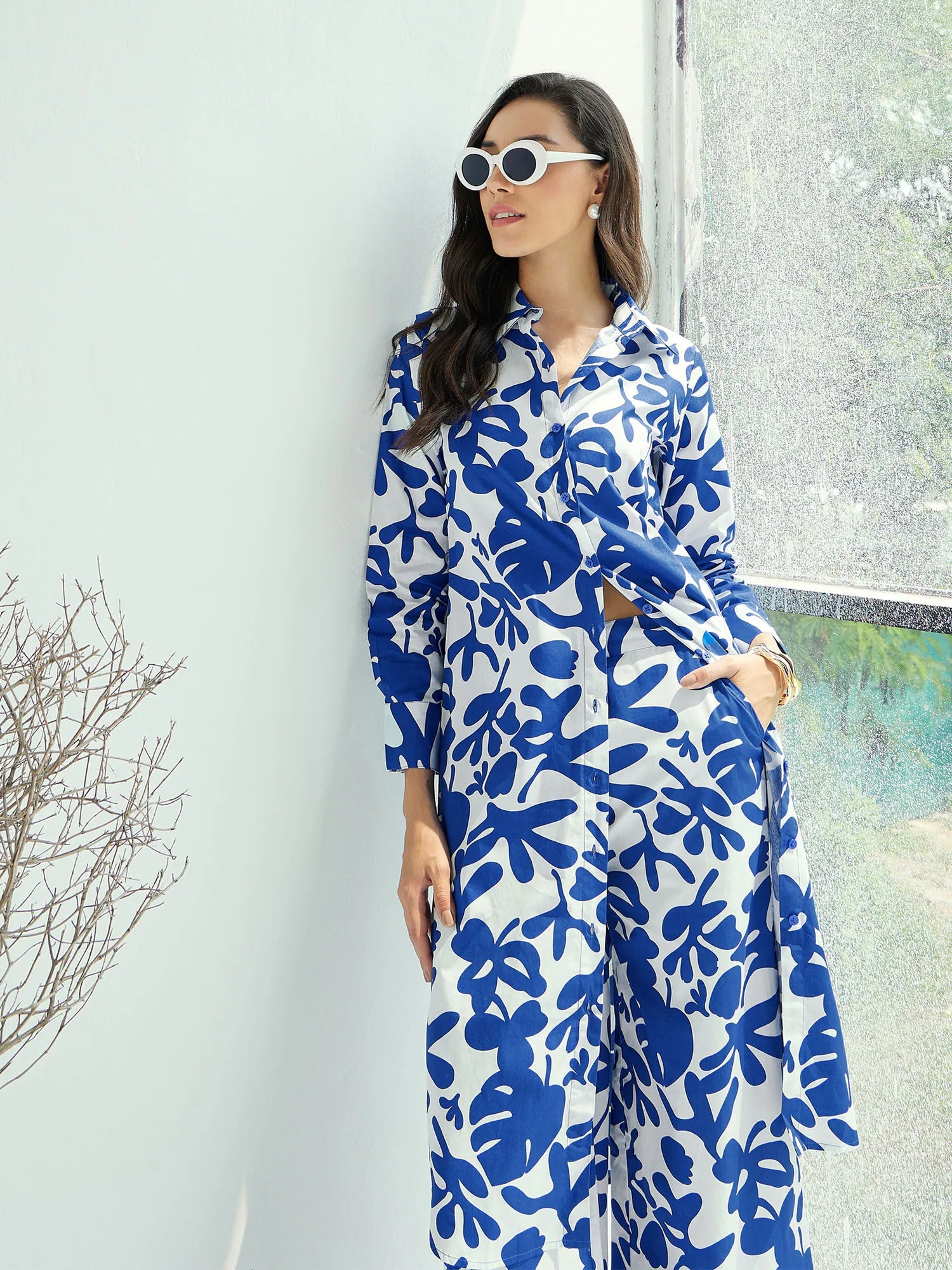 Floral Two Piece Sets - Blue & White Women's Co-ord Set