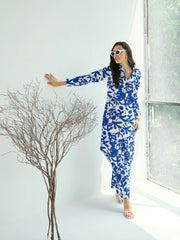 Women Blue & White Floral Long Straight Shirt With Pant-SFSETS96022