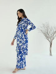 Women Blue & White Floral Long Straight Shirt With Pant-SFSETS96022