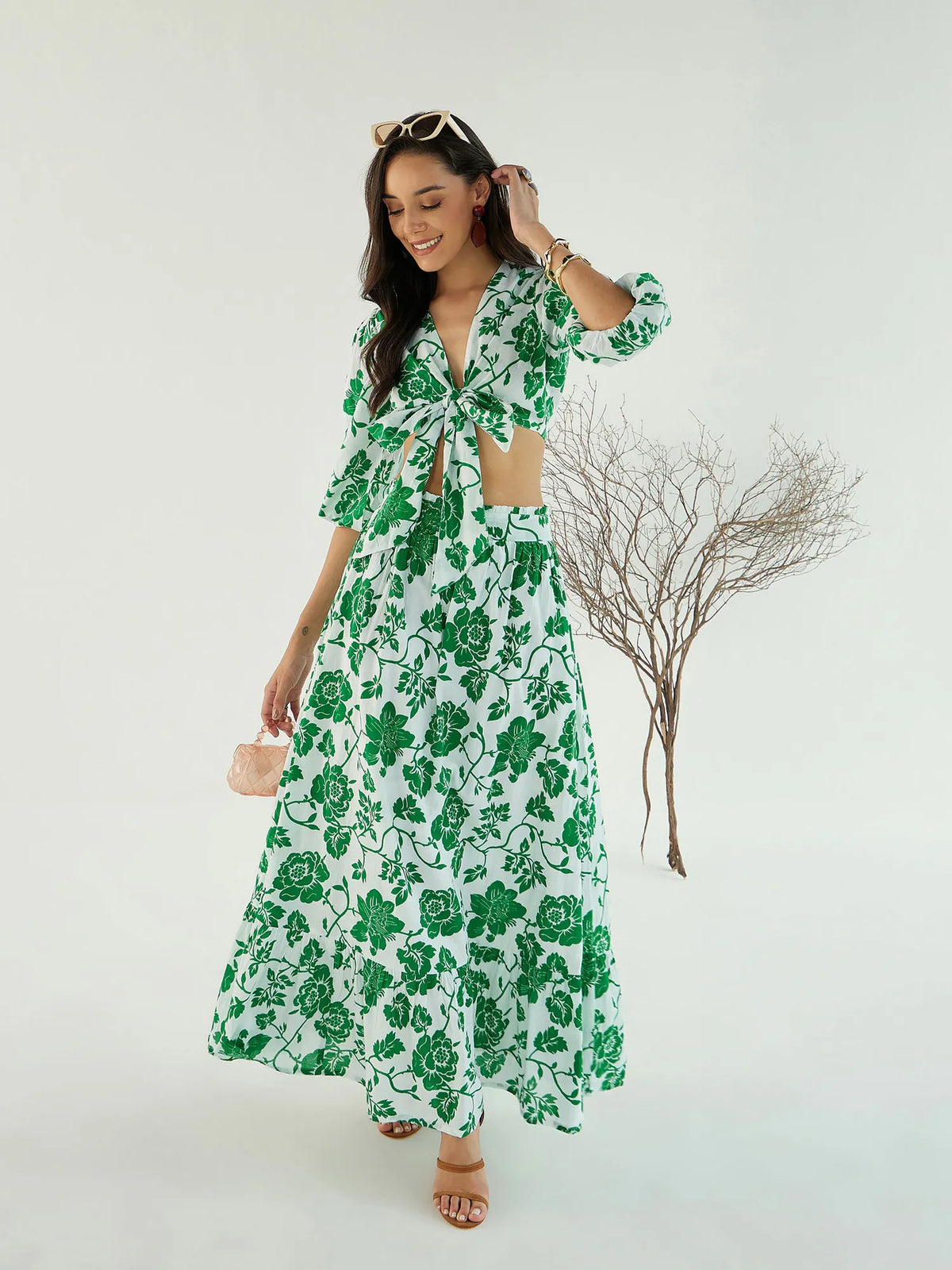 Women White & Green Floral Wrap Top With Skirt-SFSETS96023