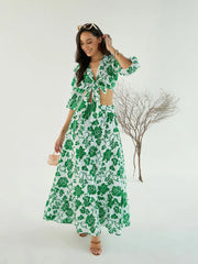Women White & Green Floral Wrap Top With Skirt-SFSETS96023