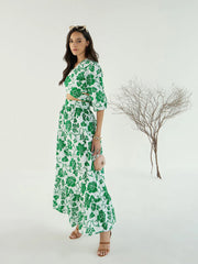 Women White & Green Floral Wrap Top With Skirt-SFSETS96023