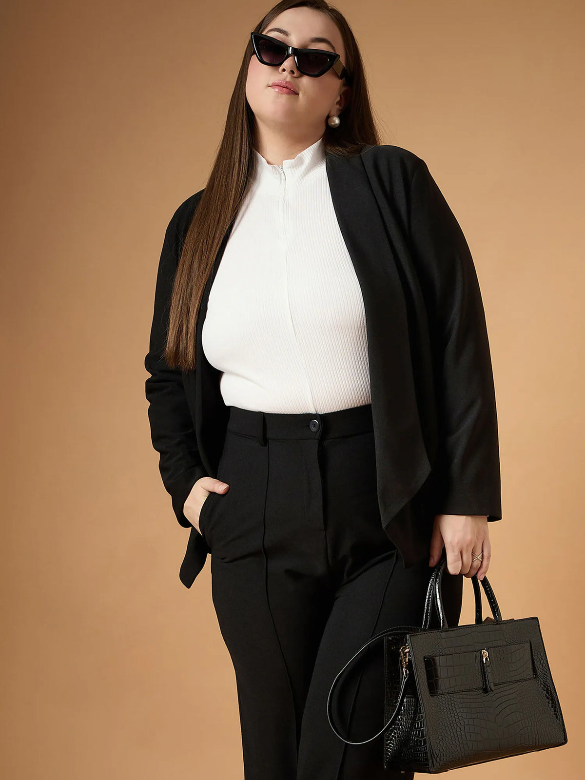 Women Black Solid Shawl Collar Blazer With Straight Pants-SFSETS96024