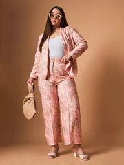 Women Pink Floral Shawl Collar Blazer With Straight Pants-SFSETS96025