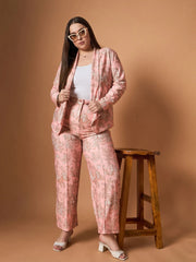 Women Pink Floral Shawl Collar Blazer With Straight Pants-SFSETS96025