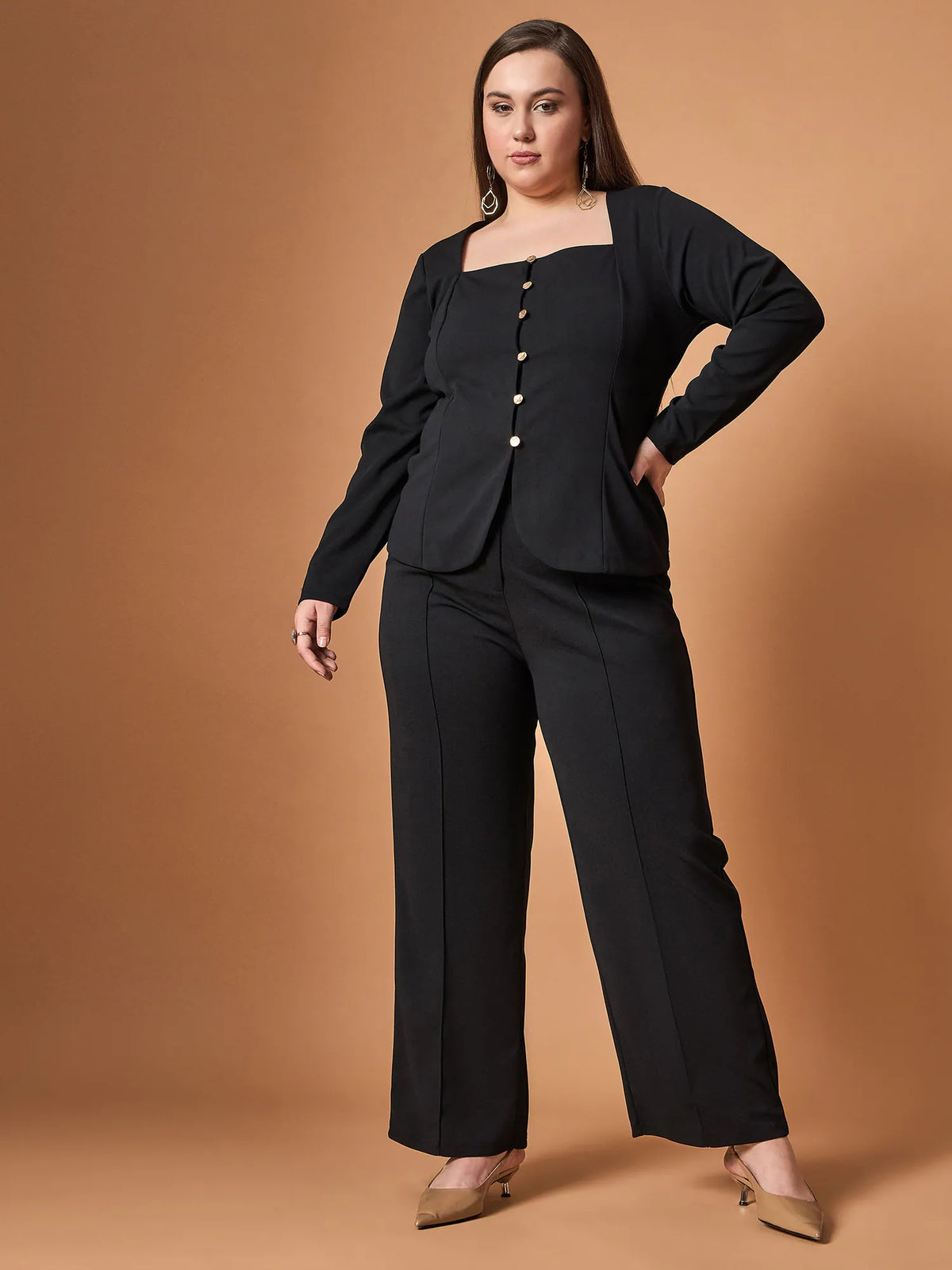 Women Black Front Button Top With Straight Pants-SFSETS96026