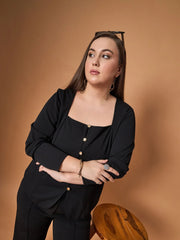 Women Black Front Button Top With Straight Pants-SFSETS96026