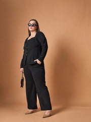 Women Black Front Button Top With Straight Pants-SFSETS96026
