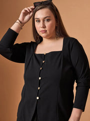 Women Black Front Button Top With Straight Pants-SFSETS96026
