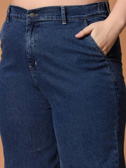 Women Navy Wash Denim Peplum Top With Straight Pants-SFSETS96030