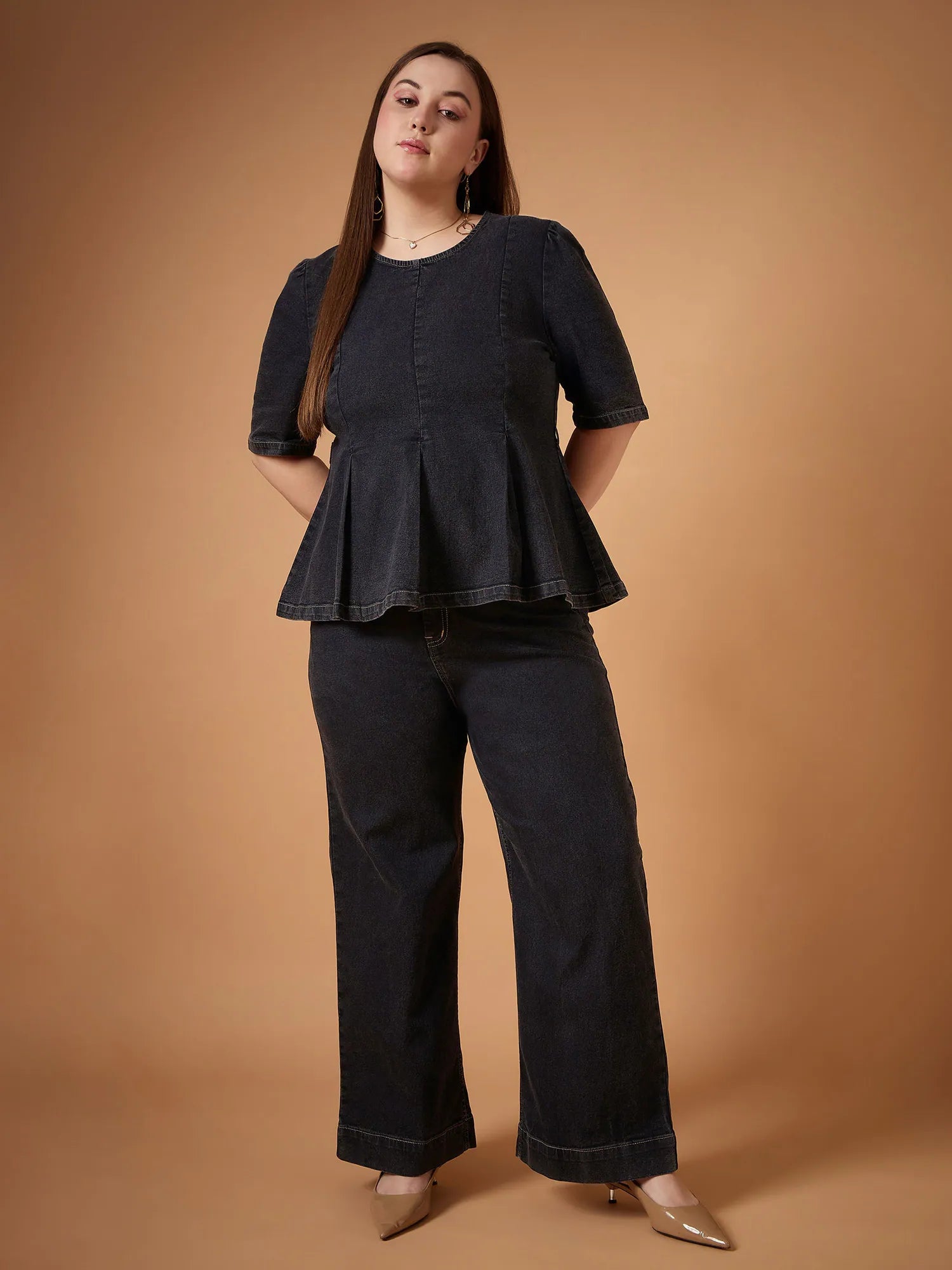 Denim Co Ord Sets: Women's Black Wash Peplum Top & Pants