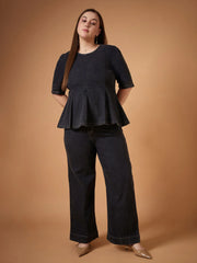 Women Black Wash Denim Peplum Top With Straight Pants-SFSETS96031