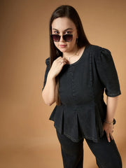 Women Black Wash Denim Peplum Top With Straight Pants-SFSETS96031