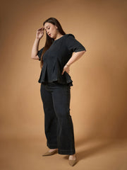 Women Black Wash Denim Peplum Top With Straight Pants-SFSETS96031
