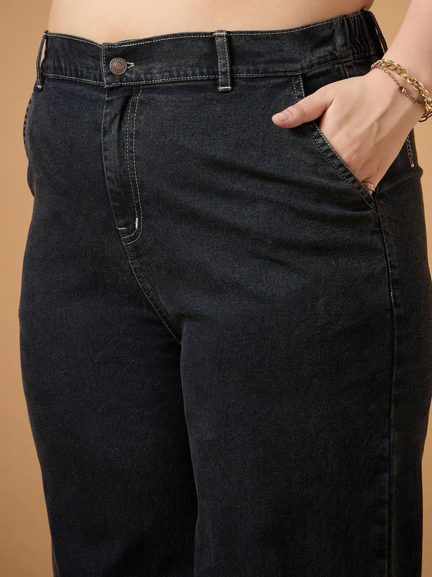 Denim Co Ord Sets: Women's Black Wash Peplum Top & Pants