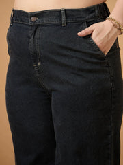 Women Black Wash Denim Peplum Top With Straight Pants-SFSETS96031