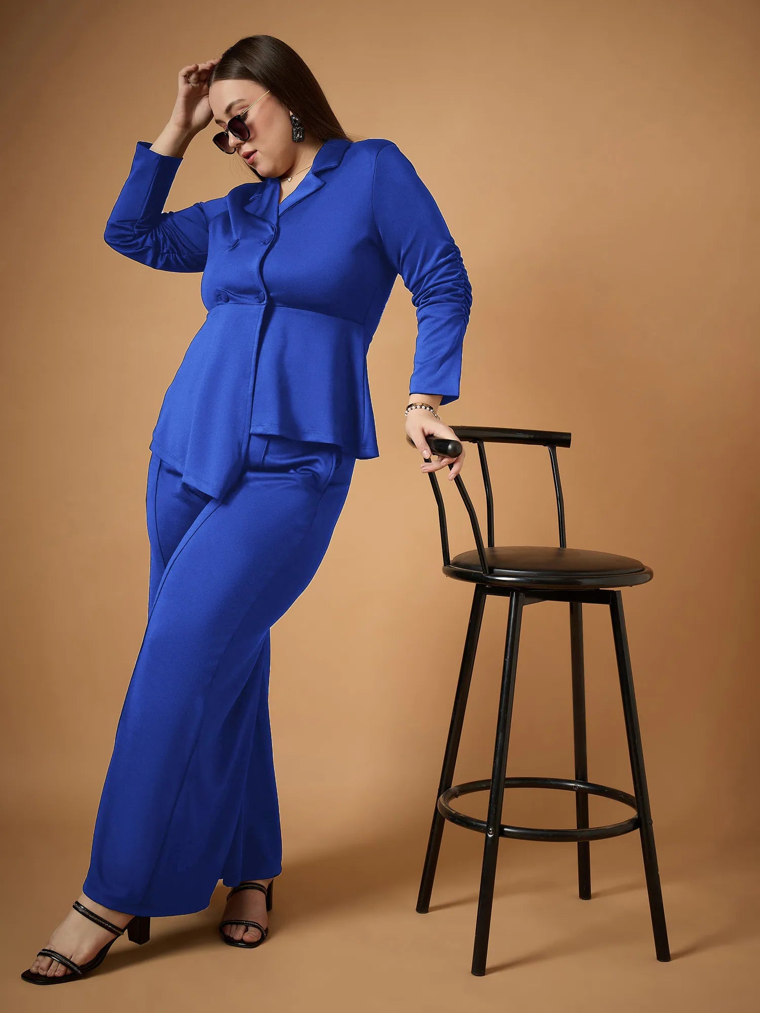 Royal Blue Ruched Blazer & Pants Set - Women's Co Ord Sets