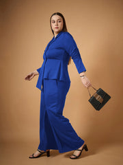 Women Royal Blue Ruched Blazer With Straight Pants-SFSETS96033