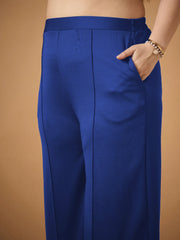 Women Royal Blue Ruched Blazer With Straight Pants-SFSETS96033