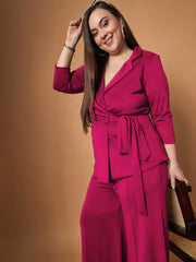 Women Fuchsia Knotted Wrap Top With Straight Pants-SFSETS96035