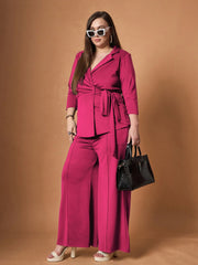Women Fuchsia Knotted Wrap Top With Straight Pants-SFSETS96035