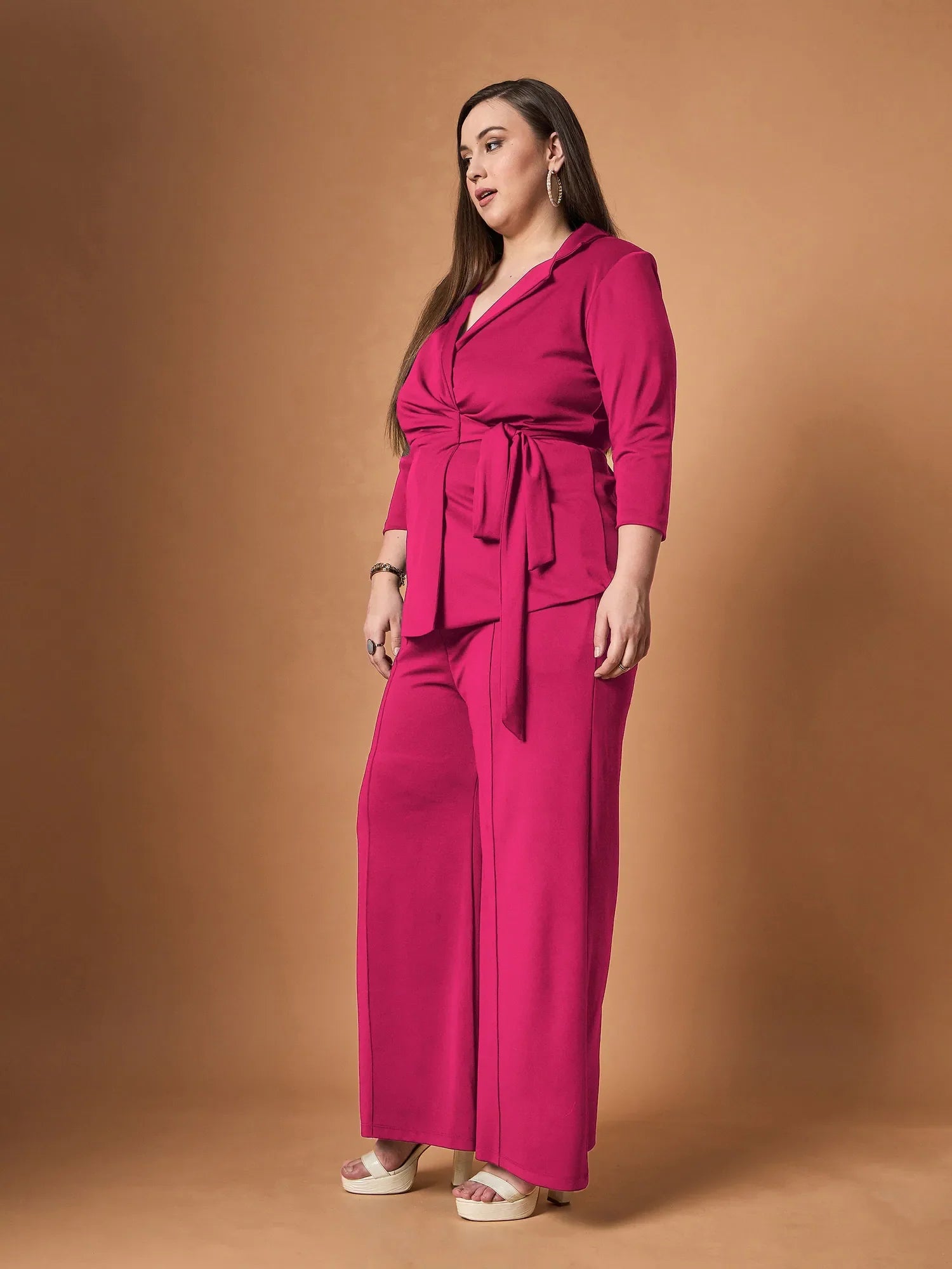 Fuchsia Knotted 2 Piece Sets Women - Wrap Top & Pants Co-ord