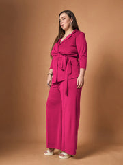 Women Fuchsia Knotted Wrap Top With Straight Pants-SFSETS96035