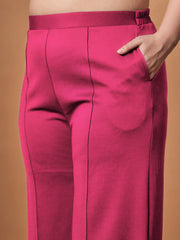 Women Fuchsia Knotted Wrap Top With Straight Pants-SFSETS96035